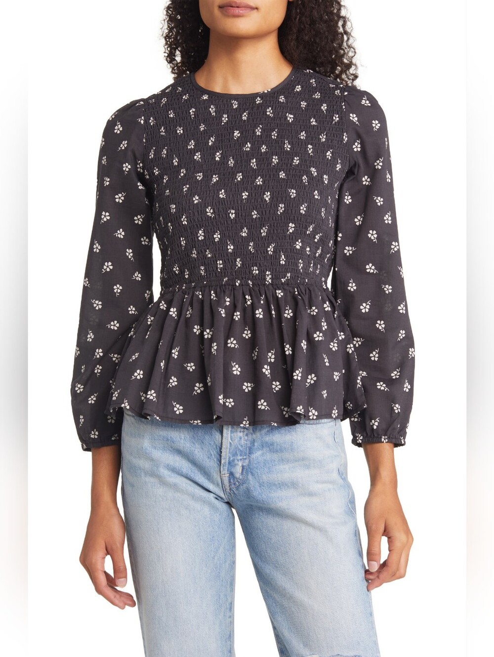 Marine Layer Gabrielle Smocked Black Ditsy Floral Peplum Blouse XS